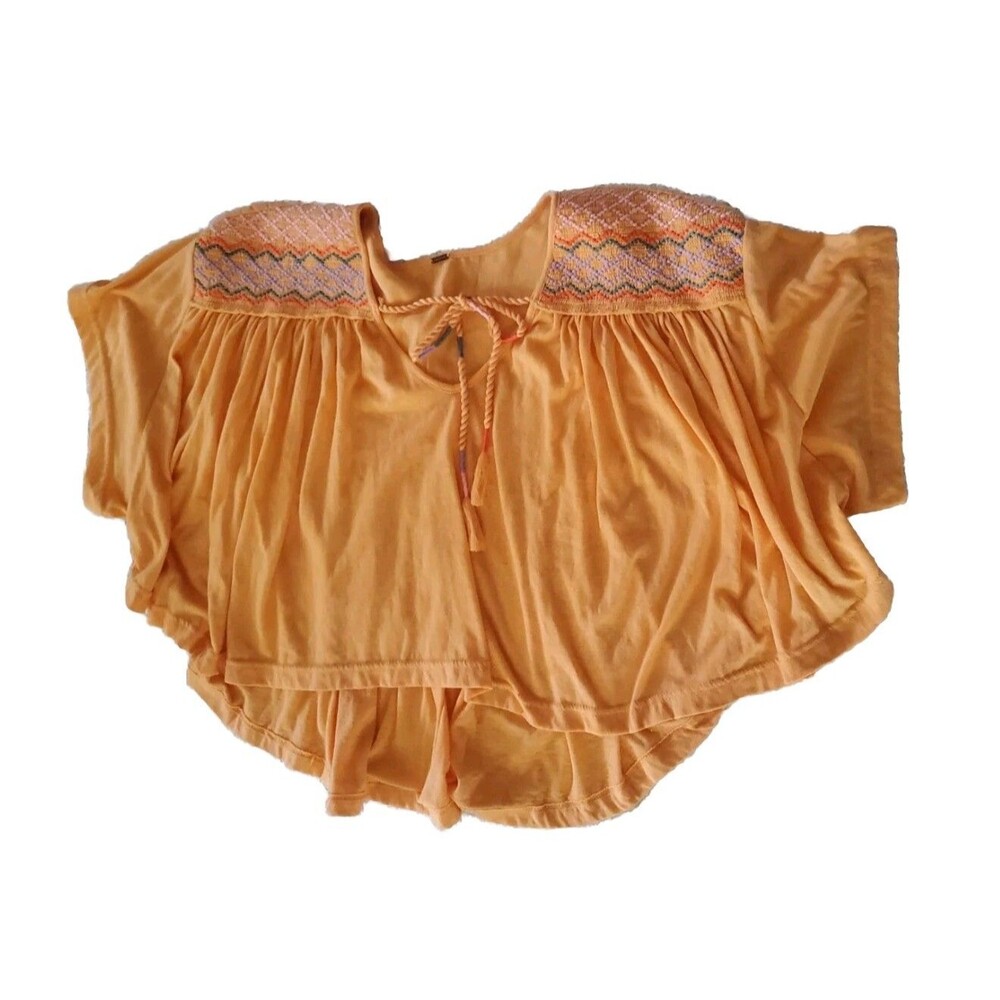 Free People Size S/M Embroidered Hi/Low Hem Boxy Dolman Sleeve Orange Crop Top
